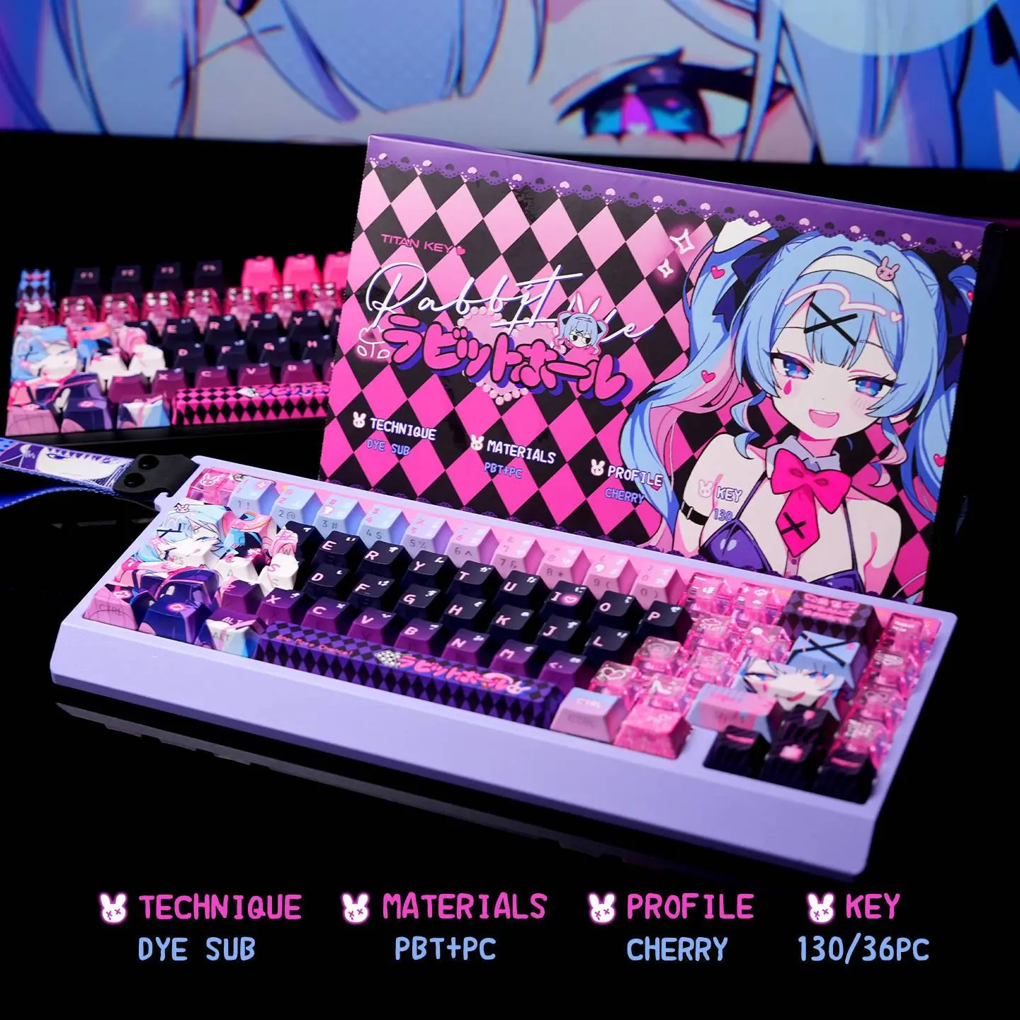 Titan Realm Bunny Hole Keycaps OEM Profile Side Translucent PBT Dimple Keycaps PC Transparent Black Pink Set Full Size Mechanical Keyboard Keycaps