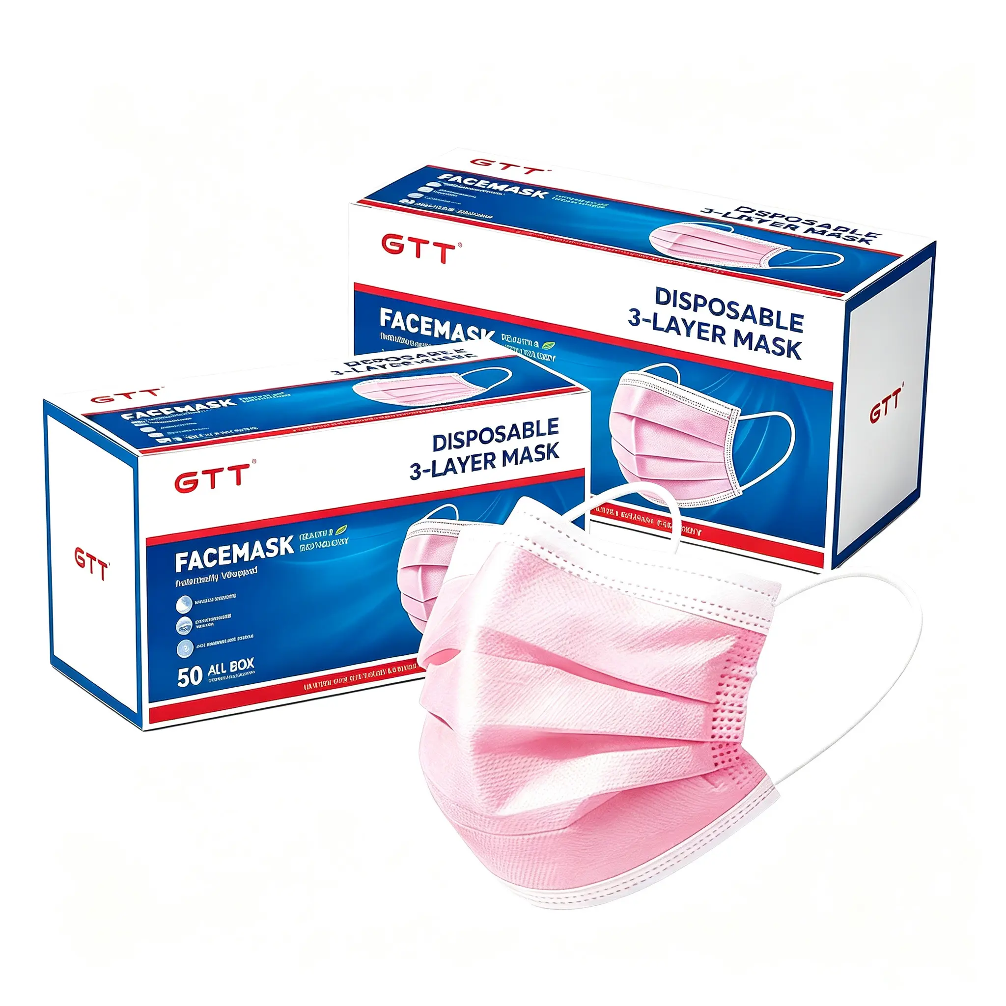 GTT Pink 3-Ply Non-Woven Disposable Face Masks, 50 Counts Per Box (2 Boxes, 100PCS Total), 3-Layer Protective, Individually Wrapped, Soft Skin-Friendly Ear Loop, Breathable Women's Adult Masks for School, Commute, Indoor/Outdoor Home Care Dust Covers