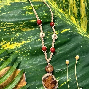 Ayahuasca Necklace with Red & Ivory Seeds Handmade Jungle Jewelry Authentic Yagé Cross Section Amulet Natural Macrame Thread Adjustable Length Peruvian Amazon Energy