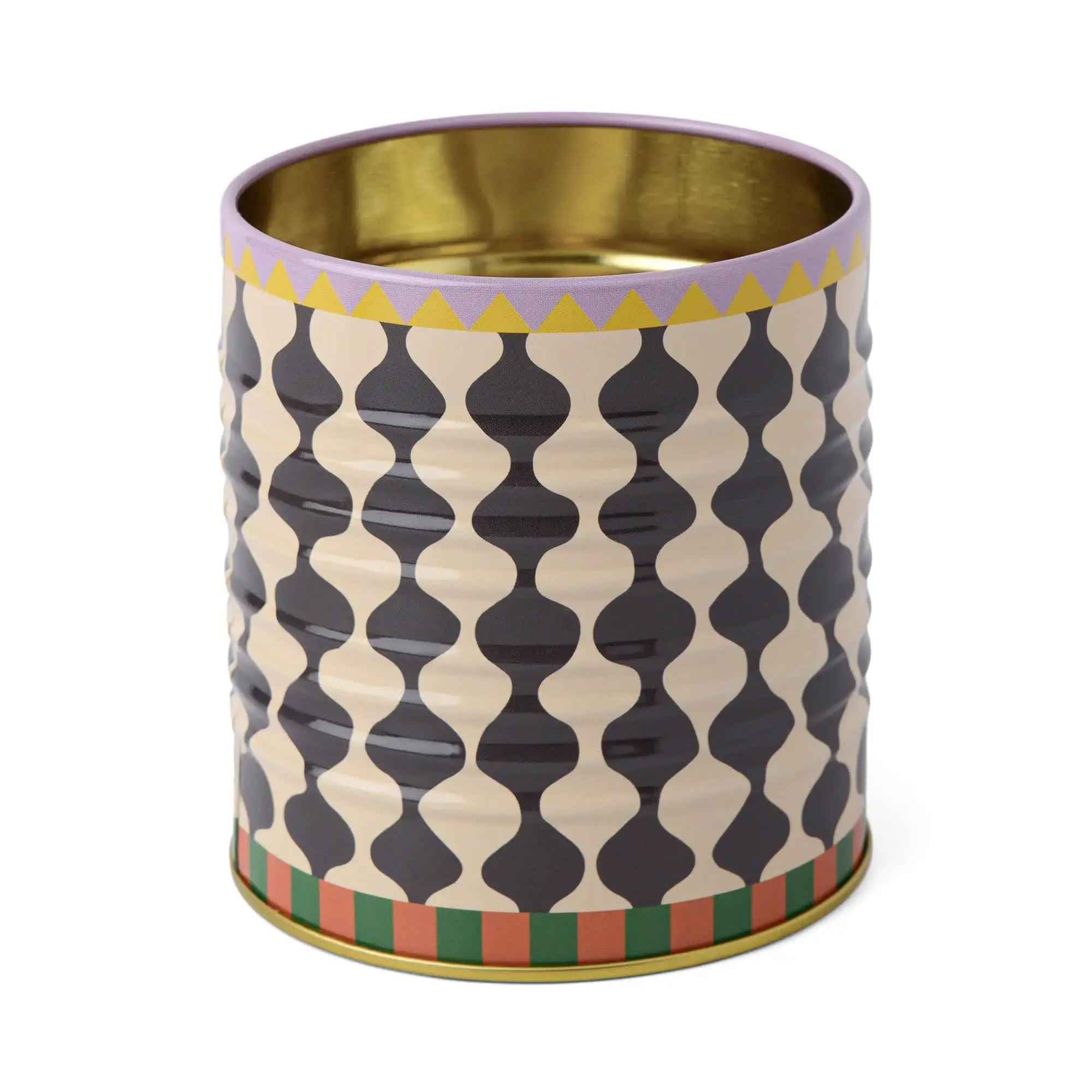 Glossy Finish Modern Storage Tin Canister with Bold Black-and-White Wavy Pattern, Gold-Tone Home Organizer Bin with Lid & Shimmering Gold Interior for Jewellery Gifting