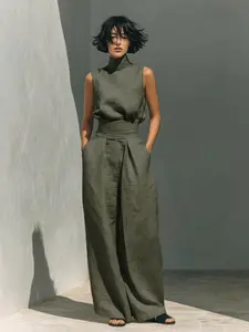 Elegant Solid Linen Two-Piece Outfit, Sleeveless High Neck Top with Wide Leg Pants, Old Money Aesthetic Women's Casual Suit