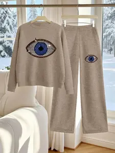 [Autumn/Winter] Eye Print Thickened Knit Sweatshirt Set for Women, Loose Fit, Slimming Round Neck Long Sleeve Top, High Waist Straight Leg Pants, Casual Sporty Two-Piece Set