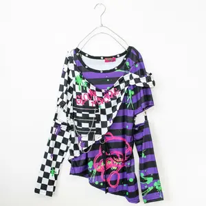 Gloomy Bear Goth Emo Punk Purple & Checkered Punk Raver Shredded Top Small, S
