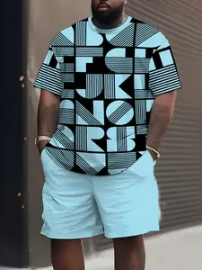 Plus Size Summer Men's Short Sleeve Set Print Design Digital Print Men's Summer Casual Set, Tropical Pattern, Round Neck Short Sleeve Pants Set, Regular Fit, Knitted Fabric, Sports Casual Style Menswear Clothes, Outfits Set