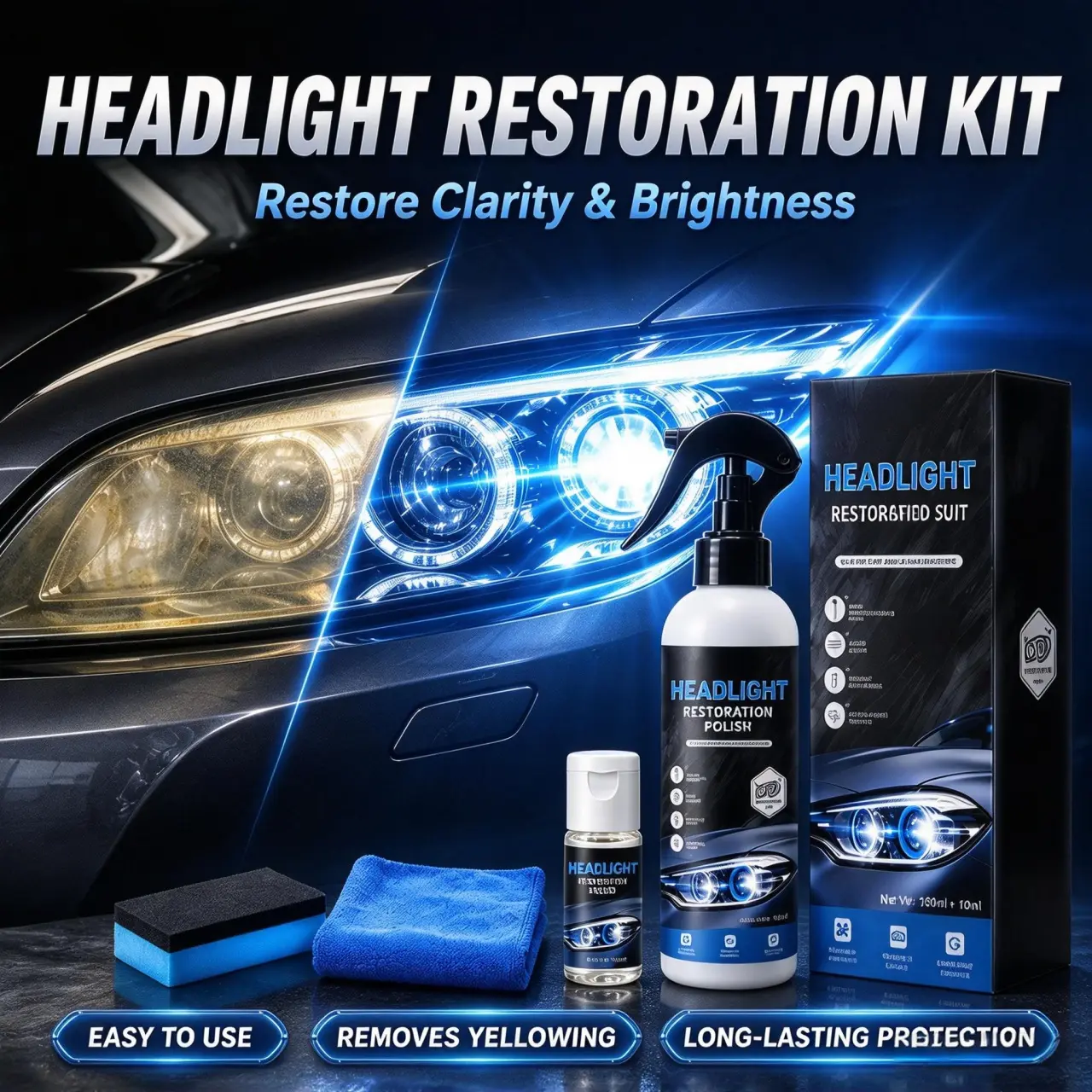 Car Headlight Restoration Polish, Automotive Headlamp Restoration Fluid with Crystal Coating Agent, Surface Cleaner Kit for Oxidized Yellowed Headlamps, Long Lasting UV Protection, Removes Stains Enhance Visibility Restores Clarity Car Detailing Tool