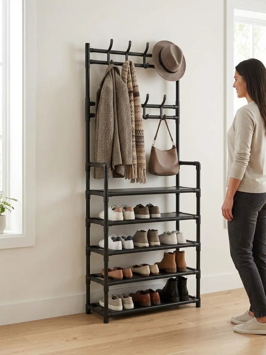 5-Tier Metal Shoe Rack Organizer - 5-Layer Floor-Standing Multi-Level Shoe Storage Holder with Coat Hooks, 20-25 Kg Load Capacity, Sleek Easy-to-Install Home Organizer for Hallway, Living Room, 5-Layer Shoe Storage