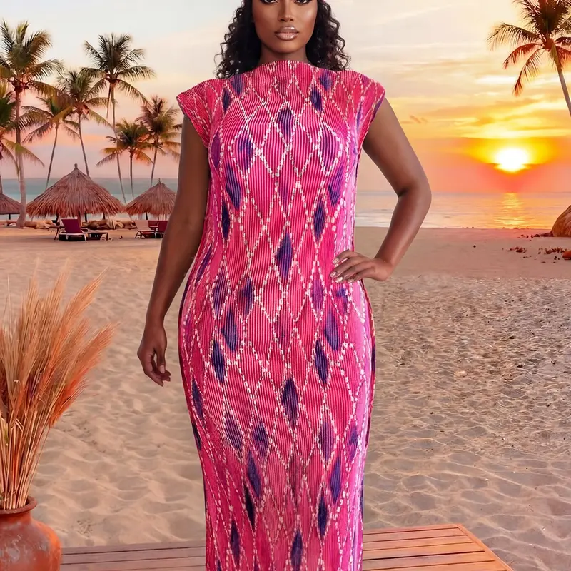 Women's Elegant Geometric Print Wrap Dress Set, Slim-Fitting Long Robe Shawl + Scarf, Beach Sun Protection Silk Scarf, Swimwear Coverups, Beachwear Cover Up, Swimsuit Cover Up, Summer Coverup