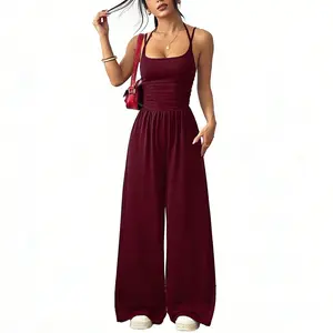 2026 Women's Summer New Spaghetti Strap Solid Color Wide Leg Jumpsuit, Tube Top Waist Slim Fit, Sexy, Trendy Casual Vacation Wear