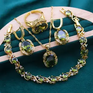 5pcs Elegant Olive Green Cubic Zirconia Bracelet Ring Earrings Necklace Set  18K Gold-Plated Jewelry Set For Valentine'S Day Weddings Gift  High End Jewelry Box Packaging