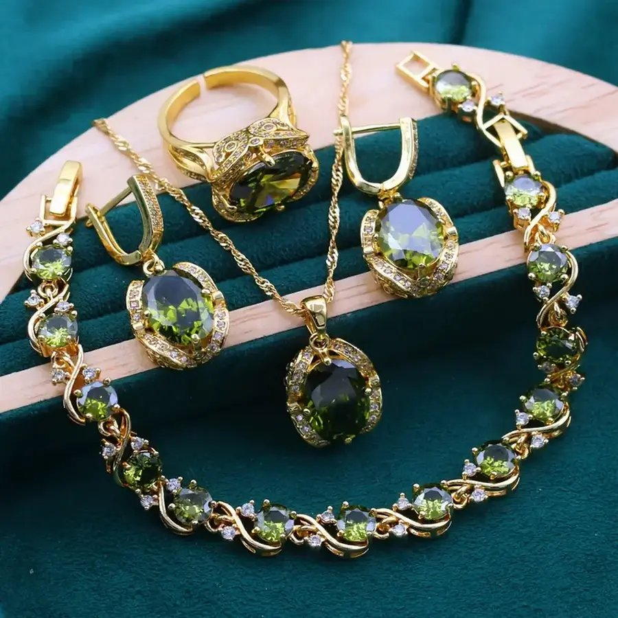5pcs Elegant Olive Green Cubic Zirconia Bracelet Ring Earrings Necklace Set  18K Gold-Plated Jewelry Set For Valentine'S Day Weddings Gift  High End Jewelry Box Packaging