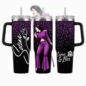 Purple Glitter Latina Music Fan Tumbler  40oz Travel Mug with Handle Rose Floral Artwork Inspired Drinkware Gift for Music Lovers