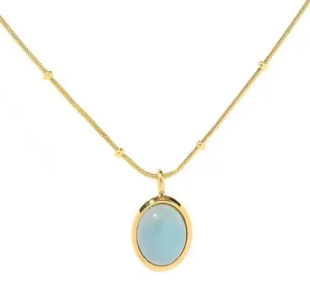 Oval Turquoise Pendant Necklace, Gold Tone Chain, 16-18 in
