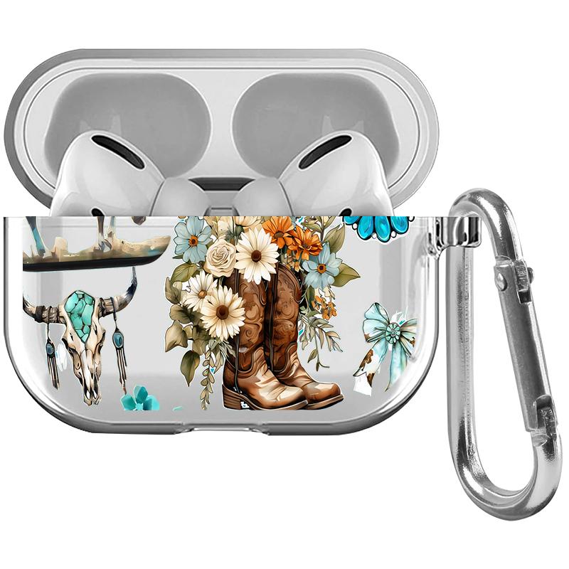 Western Charm Collage Pattern Protective Case for AirPods 4/3/2/1/Pro/Pro2 Soft TPU Earphone Cover, Transparent with Keychain Western Charm Collage Pattern Protective Case for AirPods 4/3/2/1/Pro/Pro2 Soft TPU Earphone Cover, Transparent with Keychain