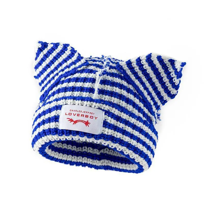 Striped knitted urine cap with cute rabbit ears, garbage cap, fluffy winter warm crochet hook, outdoor casual fashion brand style Striped knitted urine cap with cute rabbit ears, garbage cap, fluffy winter warm crochet hook, outdoor casual fashion brand style