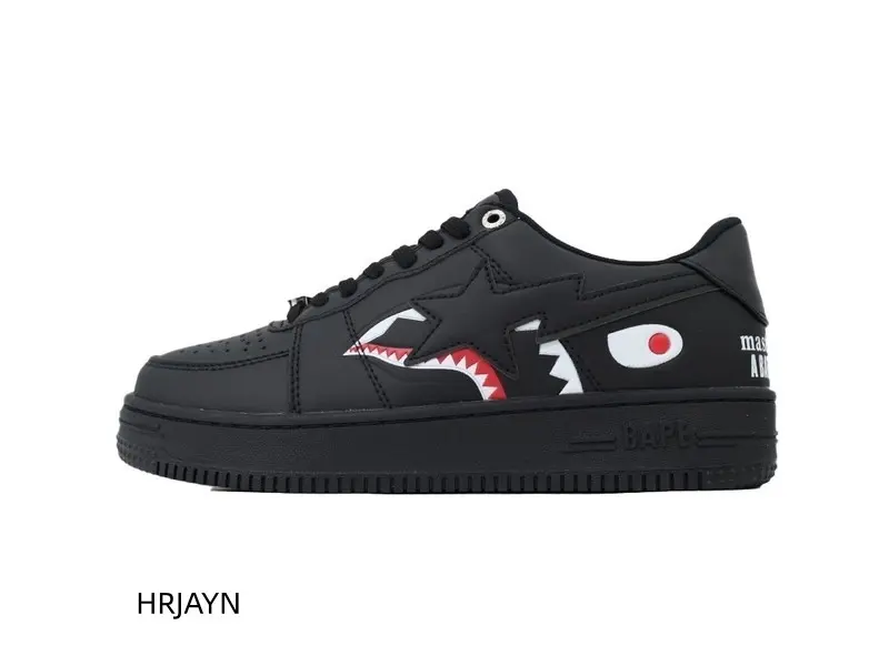 Brand New Unisex All Black Shark Print Matte Leather Low Top Sneakers, Matte Leather Upper, Rubber Anti-slip Outsole, Street Trend Casual Sports Collectibles Accessories