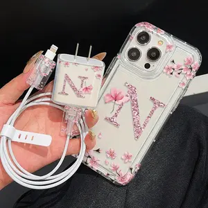 5 Piece Set Transparent Floral Flower Letter N Cellphone Case, Charger Head Cover, Cable Protector, Storage Rope, Anti-Drop Tpu Shell for iPhone Accessories