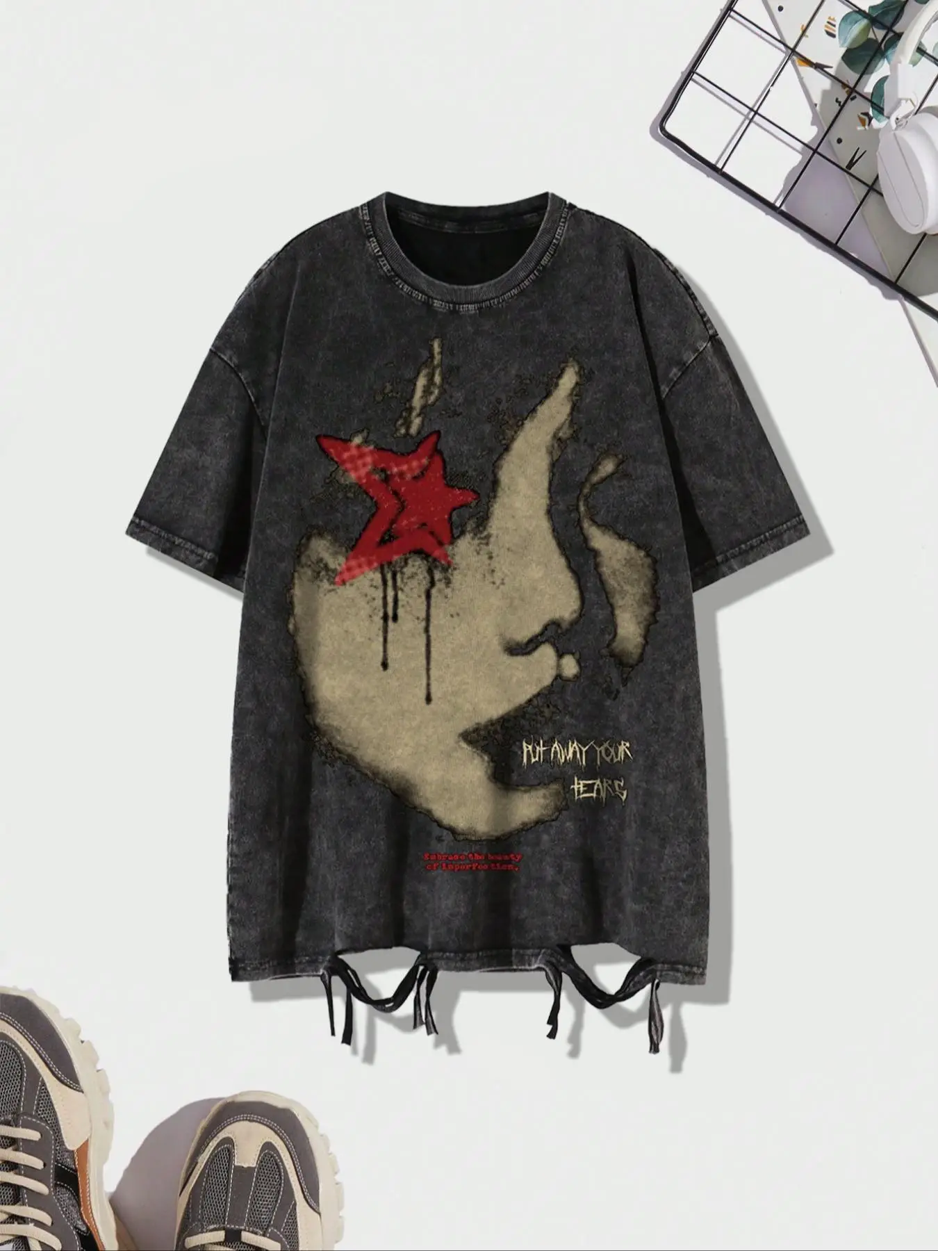 Men's Ripped Graphic Drop Shoulder Tee, Regular Fit Casual Street Short Sleeve Round Neck T-Shirt for Summer, Fashion Men's Top for Daily Wear