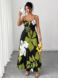 Plus Size Women's Tropical Floral Print Maxi Dress, Thin Strap Summer Vacation Dress, Casual Boho Style, Comfortable and Stylish