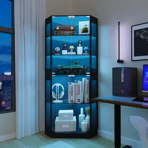 71" Display Cabinet with Double Glass Doors, 5-Tier Corner Display Cabinet with 3 Color LED Lights & Human Body Sensor Glass Display Case with Adjustable Shelves for Collection/Game Room