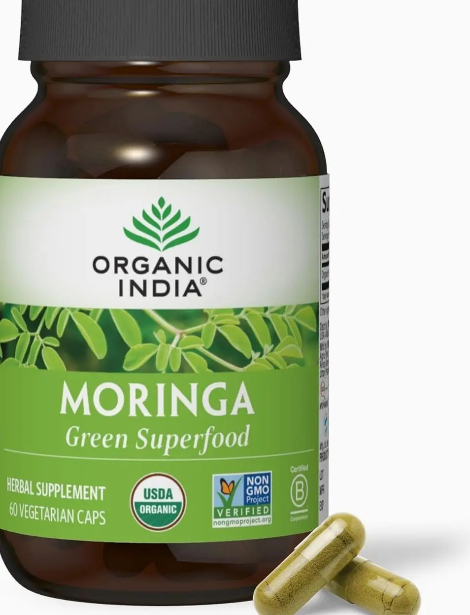ORGANIC INDIA Moringa Capsules Organic - Moringa Leaf Supplement, Green Superfood Supplement, Pure Supergreen, Vegan Greens, Nature's Multivitamin, Vegan, Gluten-Free - 60 Capsules