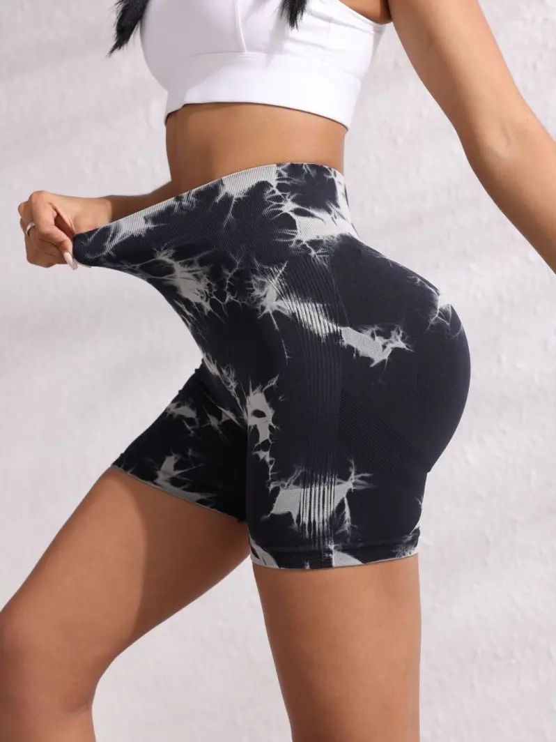 Athletic Shorts, Fitted Tie-Dye Seamless High-Stretch Butt-Lifting Pants for Yoga, Biking, Active Sports Fitness, All-Season Wear, Polyester, Booty Lifting Women's Sports Leggings, Breathable, Elastic Waist, Women's Clothes, Female, Sporty Chic, Do Not Bl