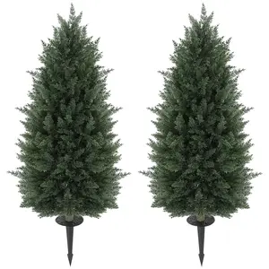 HOMCOM 43.3 Inch Set of 2 Artificial Topiary Cedar Trees, Indoor Outdoor Faux Pine Shrubs Plants, UV Resistant Realistic Artificial Bushes with Ground Stake for Garden, Porch, Balcony