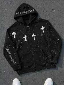 Men's Zip Hoodie with Drawstring and Pockets, Star Pattern Pullover in Vintage Street Style, Casual Long Sleeve for Fall & Winter, Graphic Print Hoodie