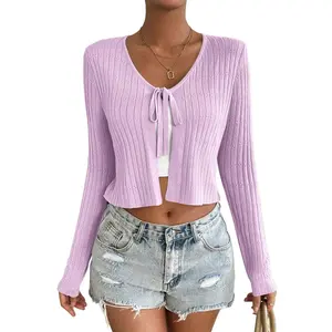 BLUEMING Summer Cardigan Sweaters for Women Cropped Lightweight Front Tie Cardigan with Eyelet Knit Rib Texture Caridigan, Purple  - 2XL