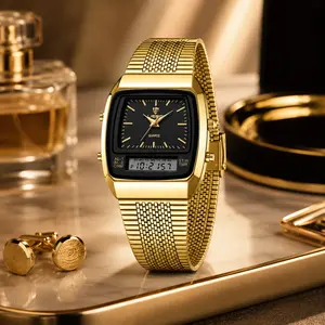 LIEBIG Men's Quartz Waterproof Stainless Steel Wristwatch, Analog-Digital Dual Display, Square Retro Face, Mesh Band, Alarm, Stopwatch, Timer for Daily Wear, Quartz Waterproof Watch