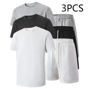 Summer men's suit solid color jacquard summer casual round neck jumper short-sleeved shorts sports men's suit, short-sleeved T-shirt and shorts are matched, breathable, comfortable and refreshing