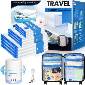 【2026 Upgraded】Cordless Travel Vacuum Storage Compression Bag Set with Rechargeable air Pump 15 Pack Waterproof & Reusable Compression Packing Bags for 3 Size，140L/Min Powerful Air Removal，Perfect for Carry-On Suitcases