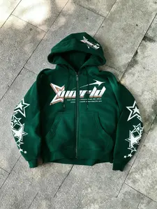 Men's Dark Green Star Graphic Zip-Up Hoodie, Oversized Streetwear Style, #winterfashion #fallfashion Trend, #blackfriday #christmasgiftideas, Retro Y2K Aesthetic, TikTok Viral Hip-Hop Hooded Sweatshirt, Casual Hoodie Jacket