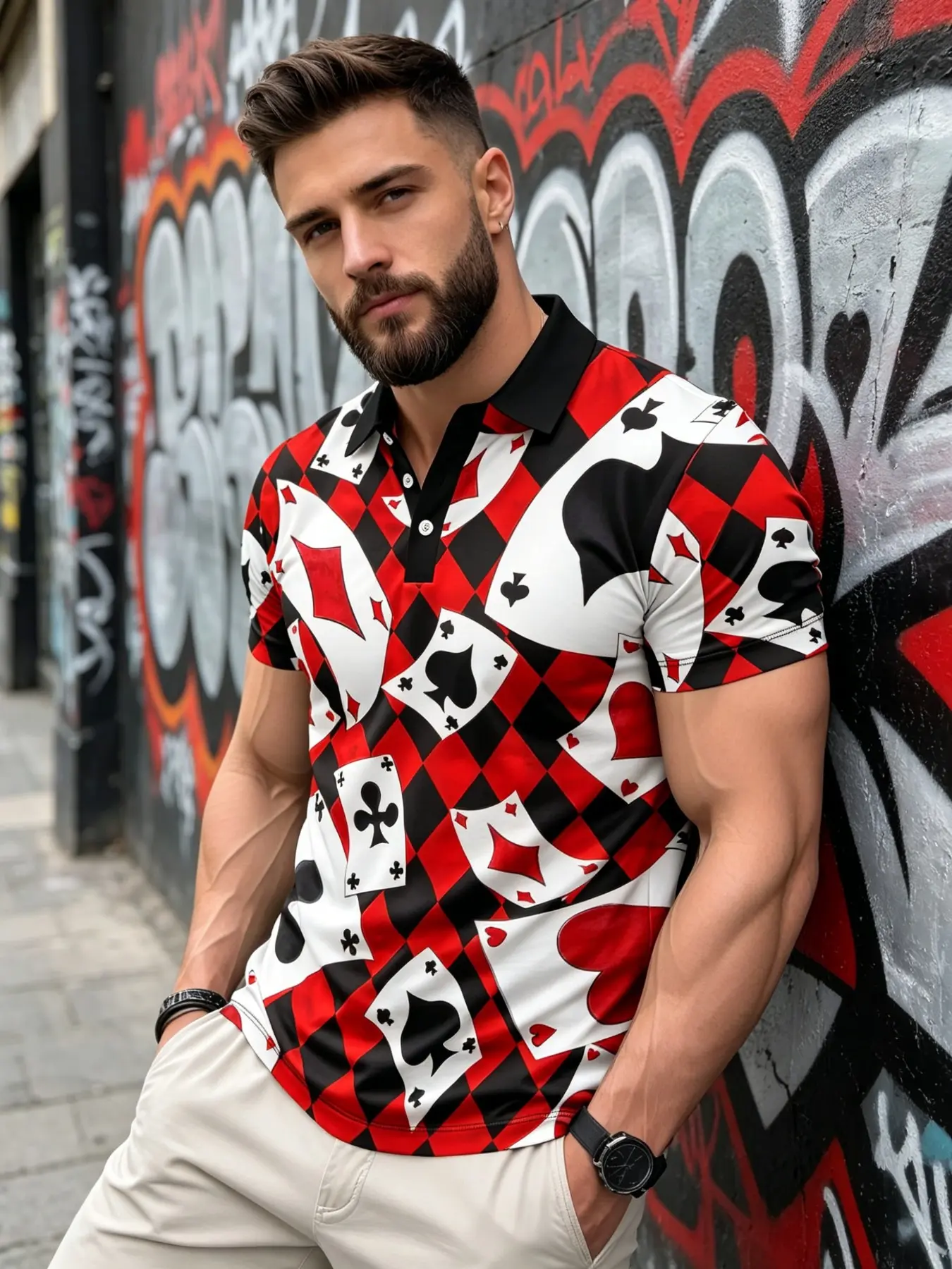 Men's Checkered Poker Graphic Print Polo Shirt, Casual Loose-Fitting Short Sleeve, Breathable Golf Shirt, Lightweight Daily Wear, Summer Polos, Printed Polo Tops