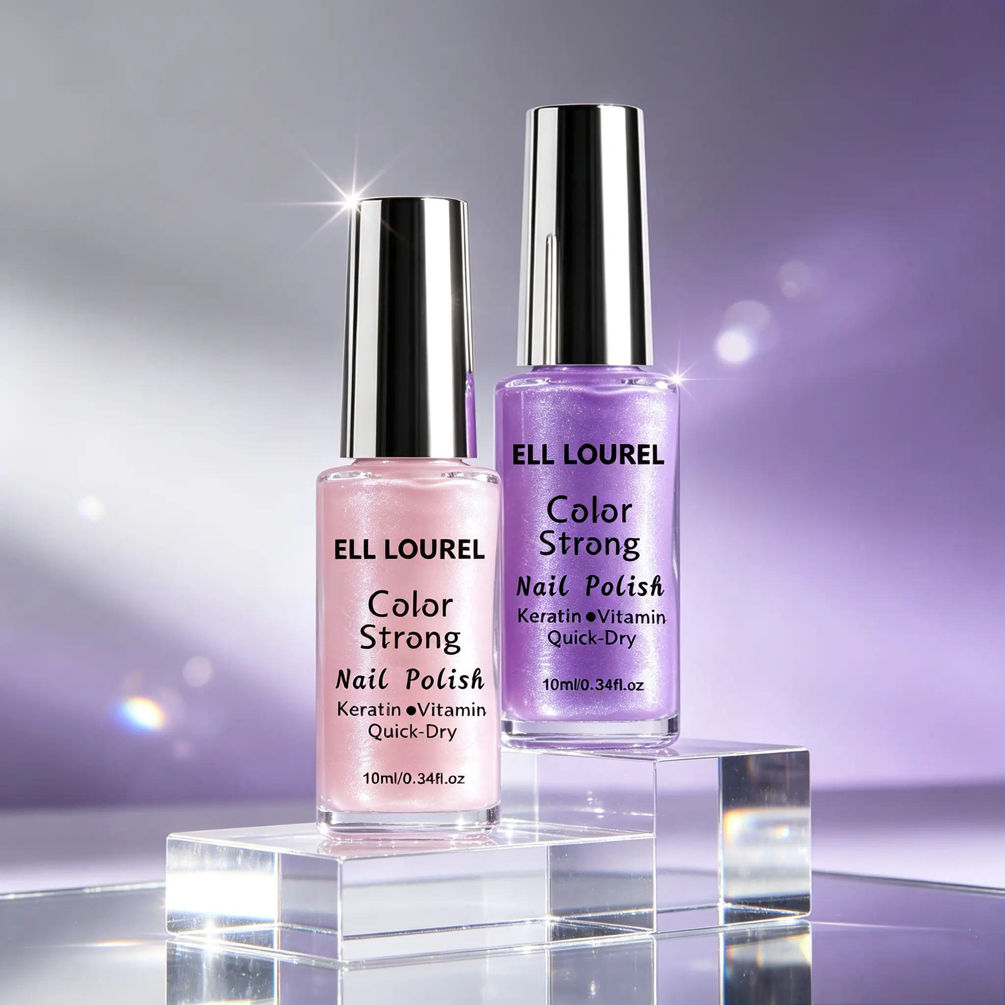 ELL LOUREL Strong Nail Polish Set, Keratin & Vitamin Nail Care Treatment, Quick Dry Long Lasting Glossy Varnish, 2-Pack Sheer Pink & Shimmer Purple, 10ml Each, Smooth, Cosmetic, Daily, Metallic, Gentle, Apply Thin Coat