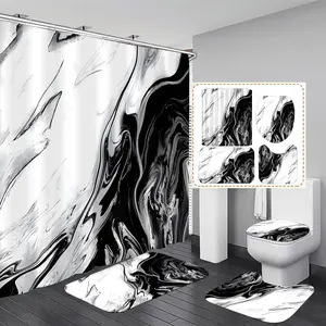 4 count Black and White Shower Curtain Bathroom Sets with Shower Curtain and Rugs Marble Shower Curtain Set Bathroom Decor Accessories Bathroom Rugs Toilet Lid Cover Bath Mat and 12 Hooks