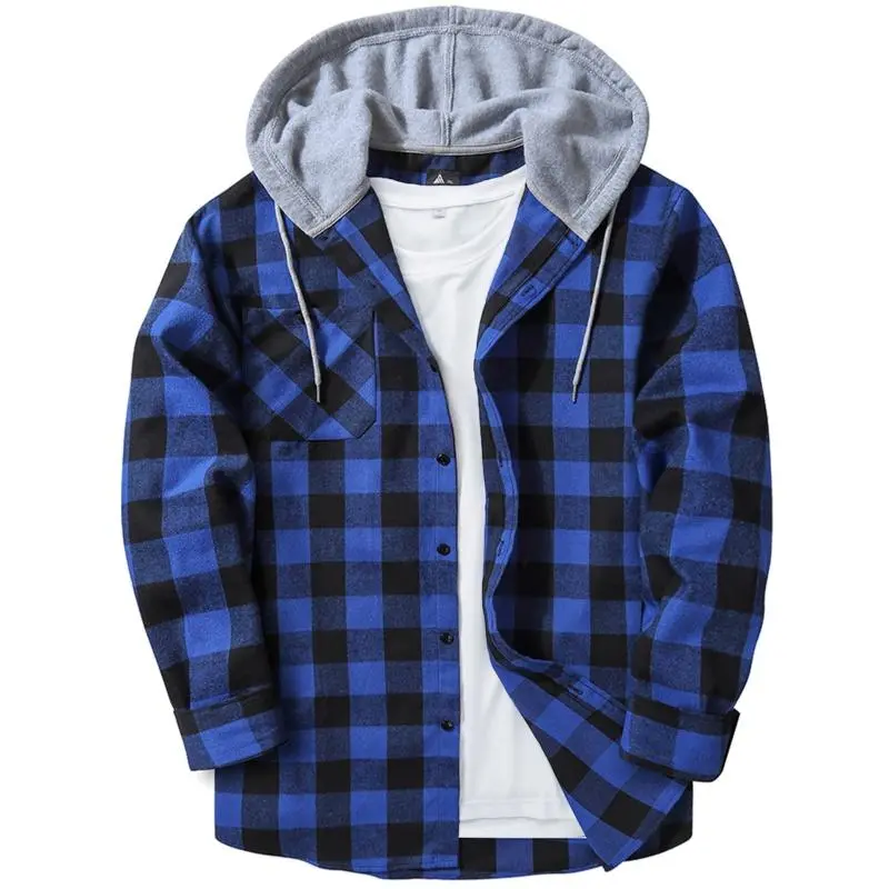 ZITY Men's Big & Tall Plaid Flannel Hooded Long-Sleeve Shirt-Jacket - m, mensfashion, Relaxed, Poly-Rayon, Button Front, Drawstring Hood, Pockets, Soft, Built for Easy Layering Under Jackets, Casual Outdoor Streetwear Top