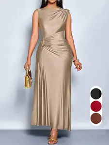 Elegant Bodycon Dress for Spring Summer, Sleeveless Asymmetrical Ruffle, Metallic Buckle, Glossy Fabric, Perfect for Formal Evening & High-End Parties