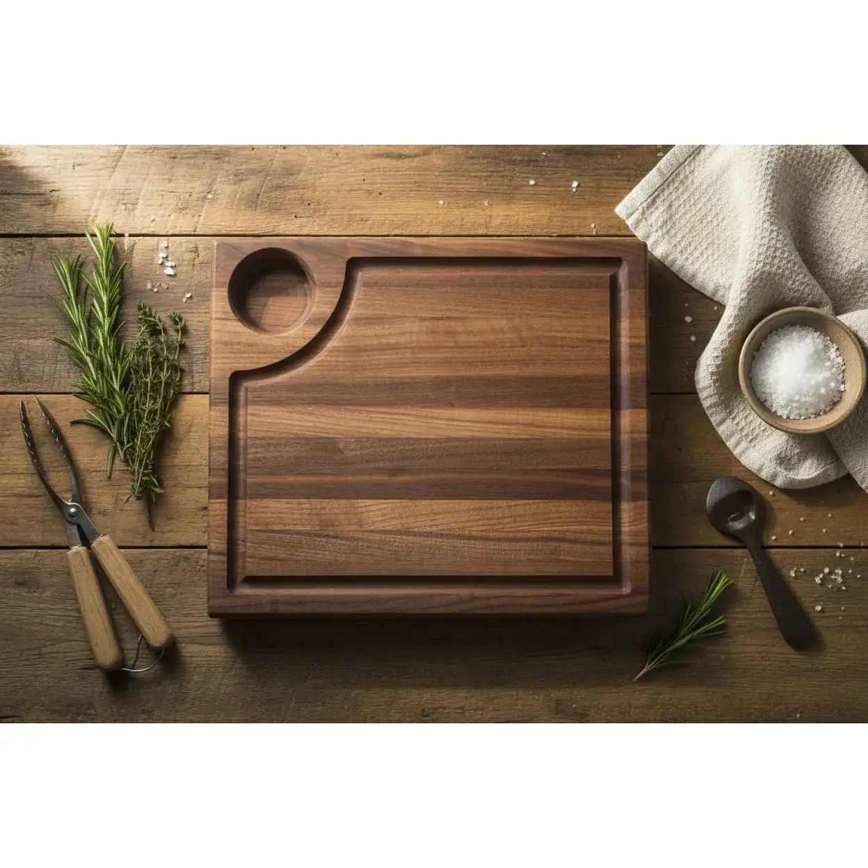Stewart's Thick Black Walnut Kitchen Chopping Board - 11×13×1.5in, Juice Groove, Handholds, Sauce Cup, Oil-Ready, Food-Safe Mineral Oil and Beeswax, Deep Smoky Tones, Ideal for Meat Prep, Dips, Gifts for Entertainers