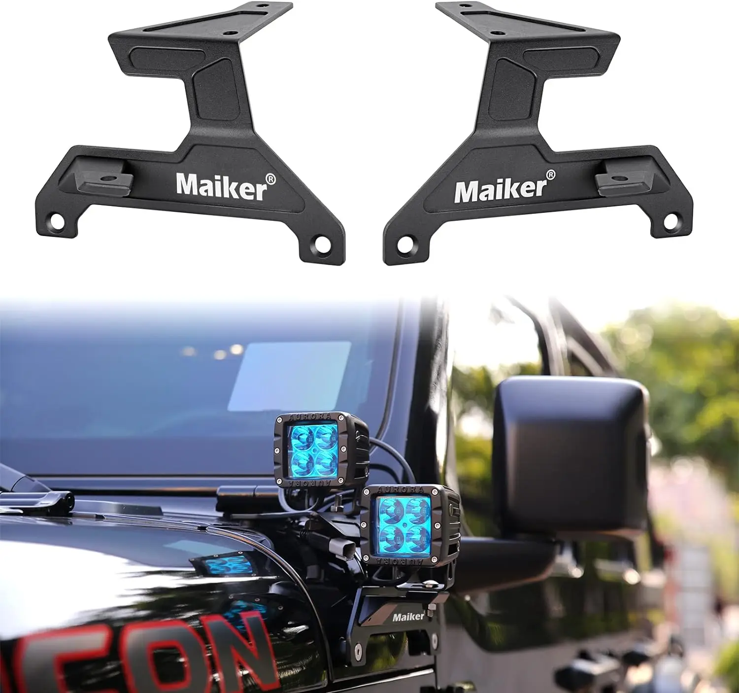 MAIKER Black Car Vehicle Dual A-Pillar & Lower Windshield LED Work Light Mounting Brackets, 1 Pair for 2018-2022 Jeep Wrangler JL/JLU & Gladiator JT (Excludes Mojave & 392)