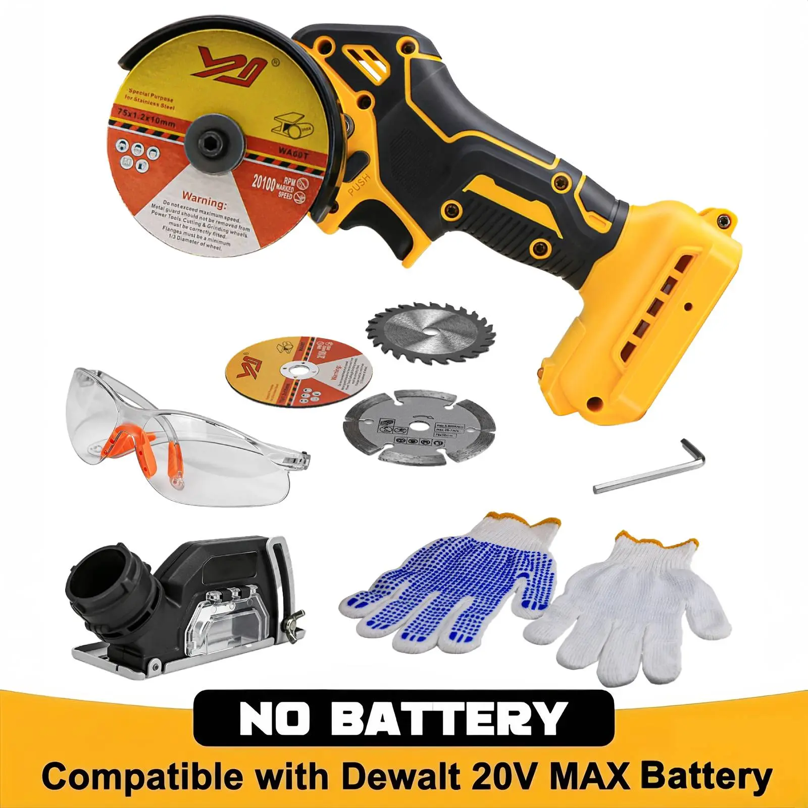 Cordless 20V Brushless Cut-Off Tool Compatible with DeWalt 20V MAX Battery – 20,000 RPM Metal & Tile Mini Saw Kit with 3 Blades, Dust Shroud, Safety Glasses & Gloves (Battery Not Included)