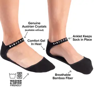 Hidey Socks Austrian Crystals, Breathable Bamboo Fiber, Washer/Dryer Friendly, Designer Anklet, Keeps Socks in Place, All Seasons Style