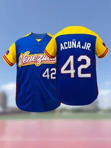 Men's Venezuela #42 Embroidered Baseball Jersey, V Neck Button Front Loose Fit Short Sleeve Top, Breathable and Comfortable Sportswear for Training and Competition, Unisex All Season Wear, Baseball Shirt