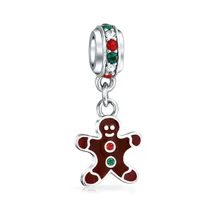 Sterling Silver Fun Christmas Cookie Dangling Gingerbread Man Charm Bead Brown Enamel for Bracelet