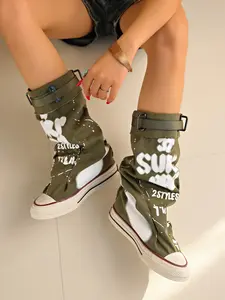 Meadow High Top Sneakers, Letter Graffiti + Buckle Design, Street Style Fullness, Fashionable PU Upper, Rubber Sole, All Seasons