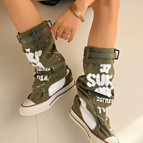 Meadow High Top Casual Sneakers, Casual Trendy Sneakers, Sports Shoes, Trainer, Walking Shoes, Letter Graffiti + Buckle Design, Street Style Fullness, Sneaker Streetwear, Fashionable PU Upper, Rubber Sole, All Seasons