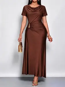 Elegant Camel Color Long Bodycon Dress, Short Sleeve, Cowl Neck, Plain Pattern, Soft Elastic Polyester Fabric, Side Metal Buckle, Perfect for Office, Dinner, Date, Photo Shoot