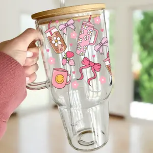Pretty Pink Things 32oz Glass Tumbler, Coquette Bows Glass Cup with Lid and Metal Straw - Aesthetic Drinkware with Bamboo Lid and Delicate Pink Ribbons Iced Coffee Tumbler Portable Bottled