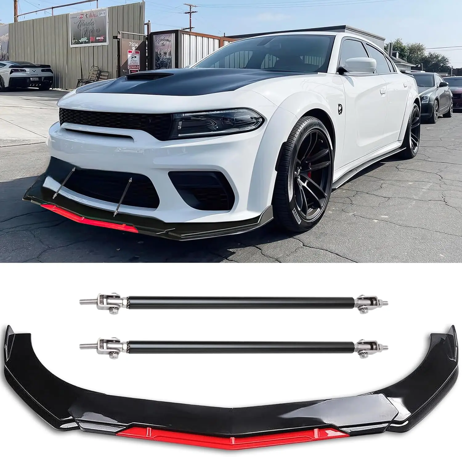 Adjustable A Style Front Bumper Lip Chin Splitter Spoiler Air Dam Fit 66.9"-76.7" in Width Cars + 2Pcs Adjustable 8"-11" Front Splitter Rods, Glossy Black W/Red