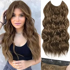 Halo Hair Extensions 20 Inch Invisible Wire Hair Extensions with Adjustable 4 Secure Clips on Soft Transparent Lace Chestnut Brown Hair Extensions Long Wavy Hair Extensions for Women