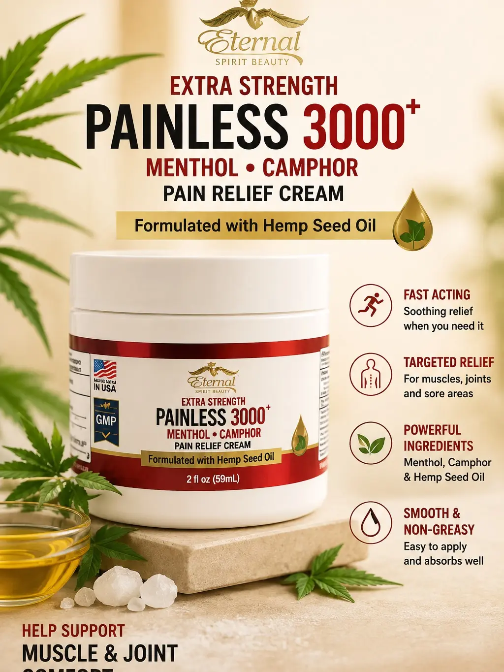 Eternal Painless 3000+ Cream - Super Concentrated Extra Ultra Strength Pain Relieving Formula with Menthol & Alcanfor - 2 FL OZ